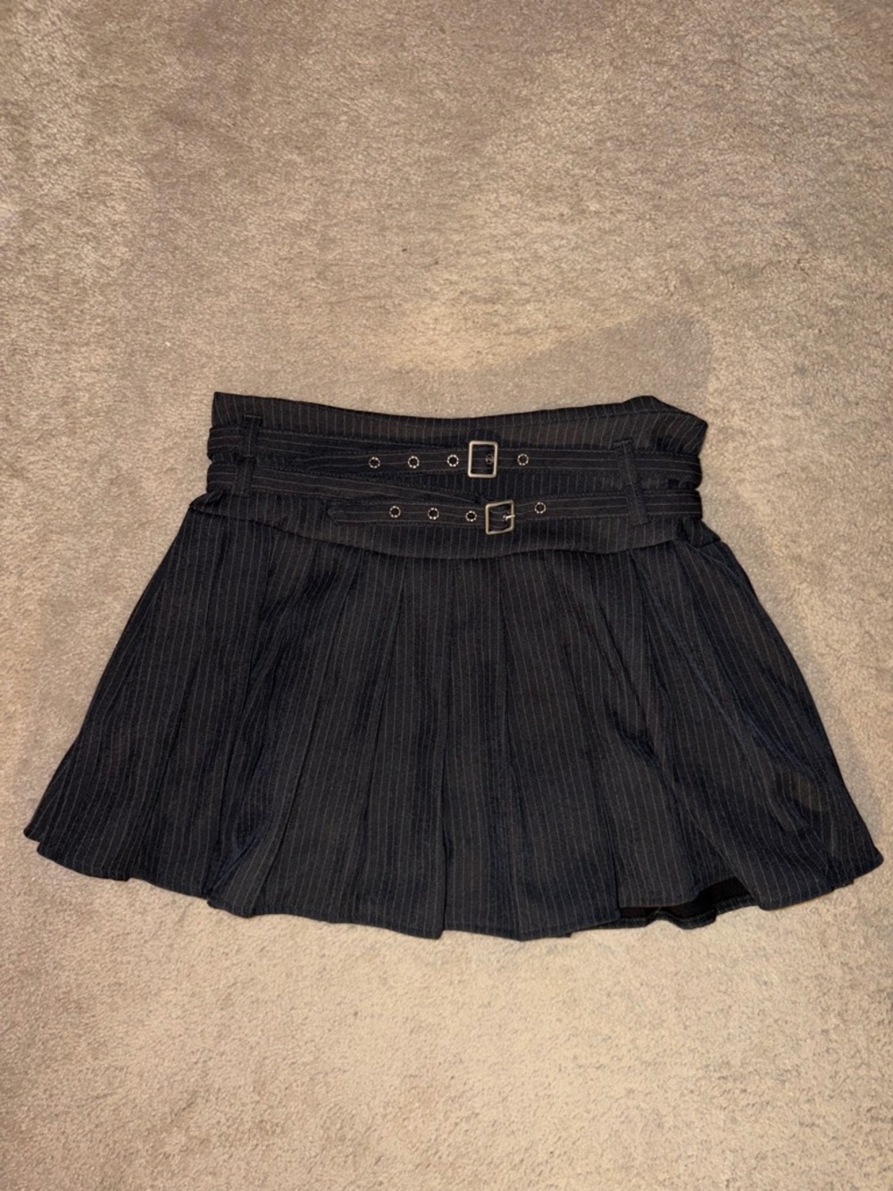 Black Pinstripe Pleated Mini Skirt with Buckle Waist